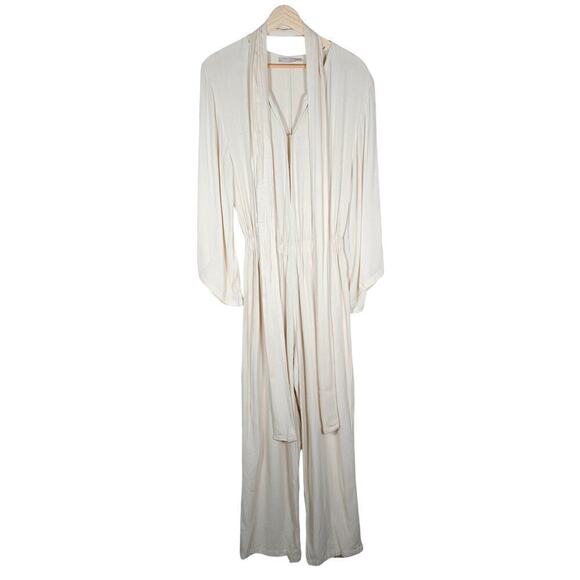 Indah Jumpsuit Small Cream Linen Blend Long Sleeves Neck Tie One Piece Outfit - Picture 1 of 15